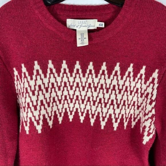 H&M Sweater Men's Size M Red & White Nordic Wool Blend Crew Neck LOGG - Picture 3 of 9
